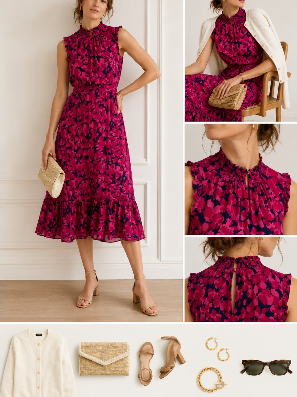 J.Crew Factory Dress Women 0 Pink Navy Floral Mock Neck Ruffle Midi modest